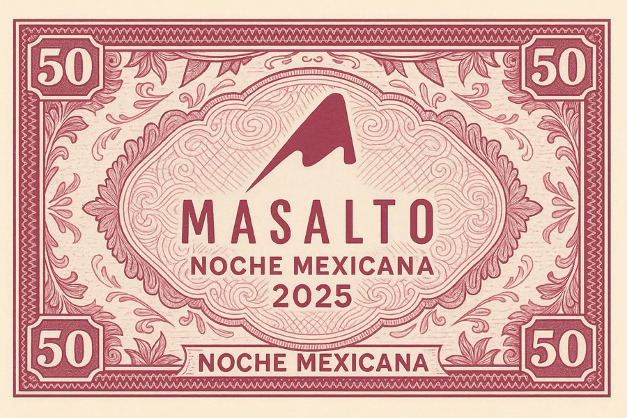 Billete Más Alto de 50, grabado en vino sobre crema con el pico de Más Alto